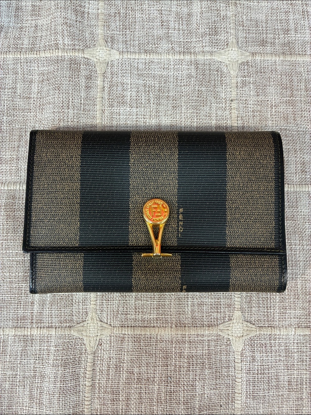 Authentic Vintage Fendi Pequin Wallet Striped Trifold Brown Black - Picture 1 of 8